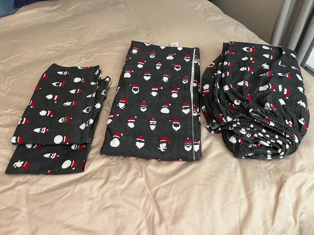 Pottery Barn Teen cool Santa 100% organic cotton full flannel sheet set holiday